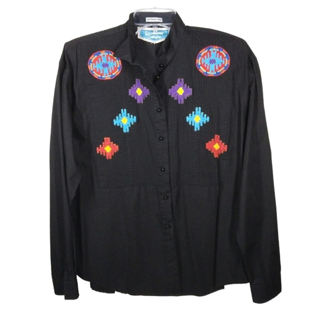 Vintage Embroidered Aztec Western Button Down Shirt Black size Medium